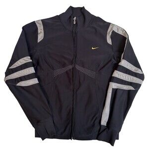 Y2K 90s Nike Dri Fit Track Jacket Women’s M Black Silver Embroidered Logo Zip Up